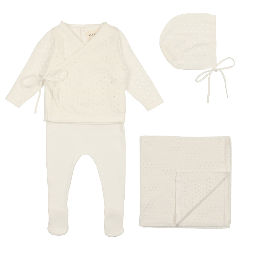 Mema Knits Bris Outfit - Knit Pointelle Wrap Two Piece 3PC Set - Winter White