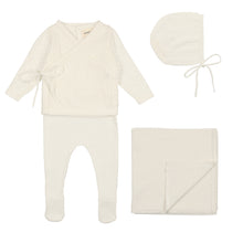 Load image into Gallery viewer, Mema Knits Bris Outfit - Knit Pointelle Wrap Two Piece 3PC Set - Winter White