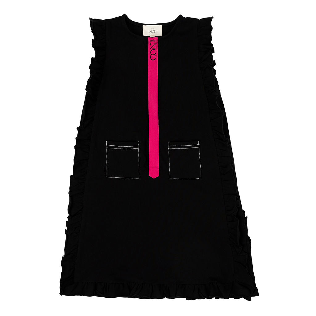 Mini Nod Ruffle Ribbon Girl's Dress - Black/Fuschia