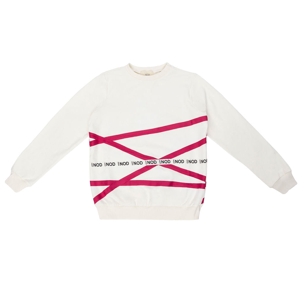 Mini Nod Crossover Ribbon Sweatshirt - White/Fuschia