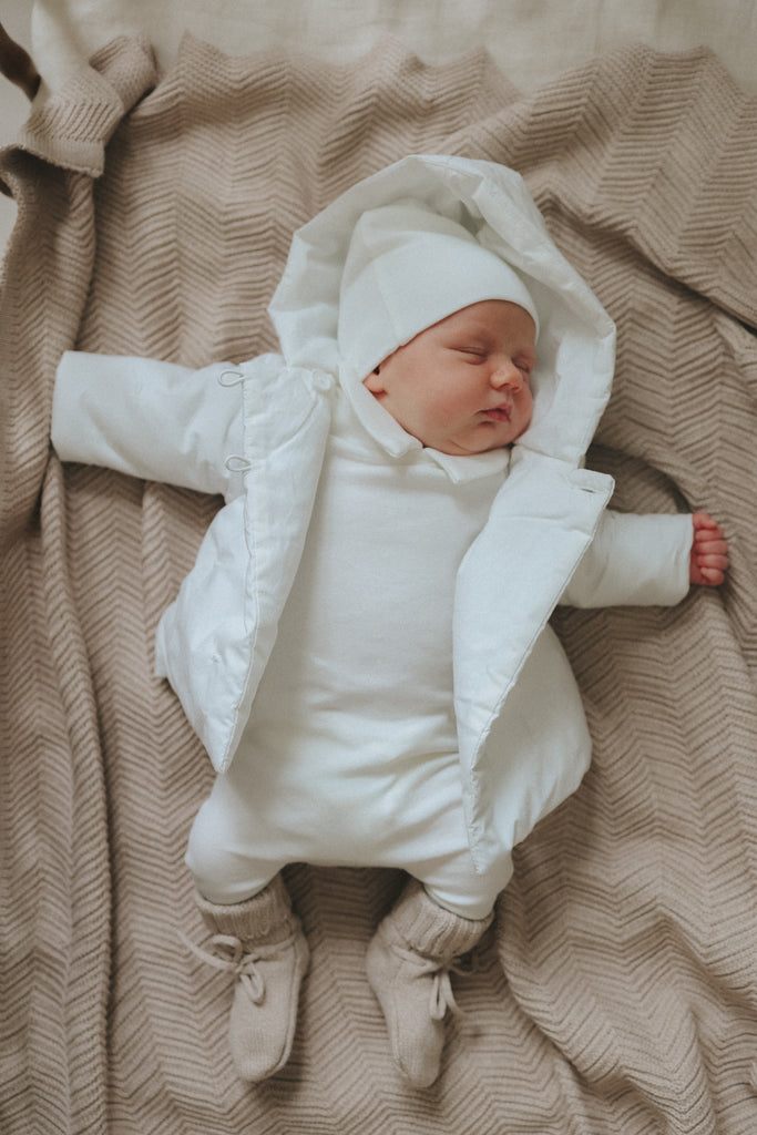Mema Knits Embroidered Baby Jacket + Beanie - Winter White