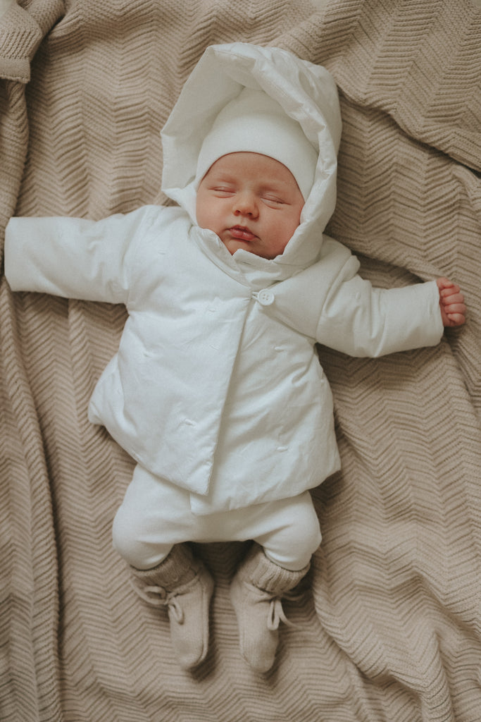 Mema Knits Embroidered Baby Jacket + Beanie - Winter White