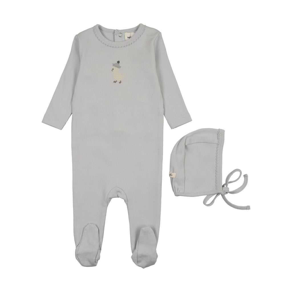 Mema Knits Yellow Duck Embroidered Footie And Bonnet - Gray Dawn