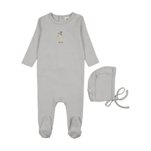 Load image into Gallery viewer, Mema Knits Yellow Duck Embroidered Footie And Bonnet - Gray Dawn