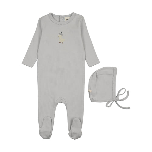 Mema Knits Yellow Duck Embroidered Footie And Bonnet - Gray Dawn