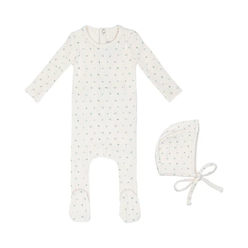 Mini Label Boys Pointelle Petal Floral Footie And Hat - Ivory