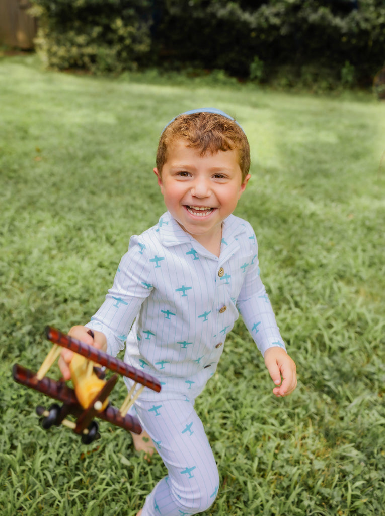 Little Label Blue Airplane Print Grandpa Pajama - Light Blue