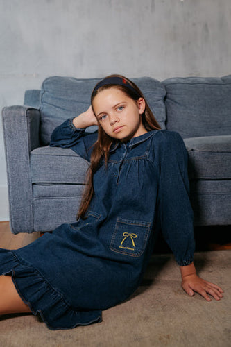 Limited Edition Embroidered Bow Collared Dress - Denim