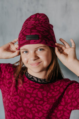 Limited Edition Leopard Knit Beanie - Raspberry