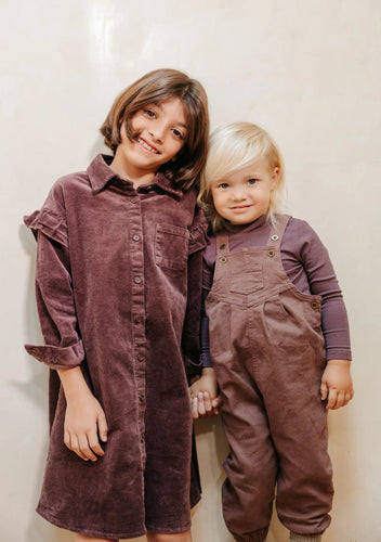Numu Ruffle Sleeve Washed Corduroy Shirt Dress - Plum