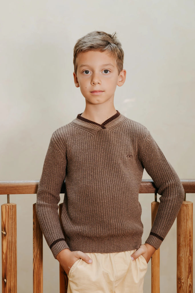 Numu Boys Stripe V-Neck Sweater - Mocha