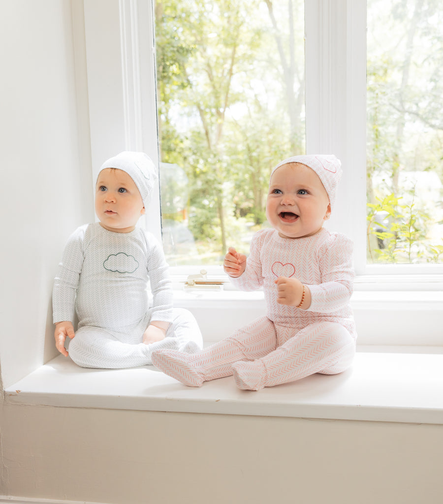 Little Label Heart Herringbone Baby Footie & Hat Set - Pink