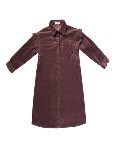 Numu Ruffle Sleeve Washed Corduroy Shirt Dress - Plum