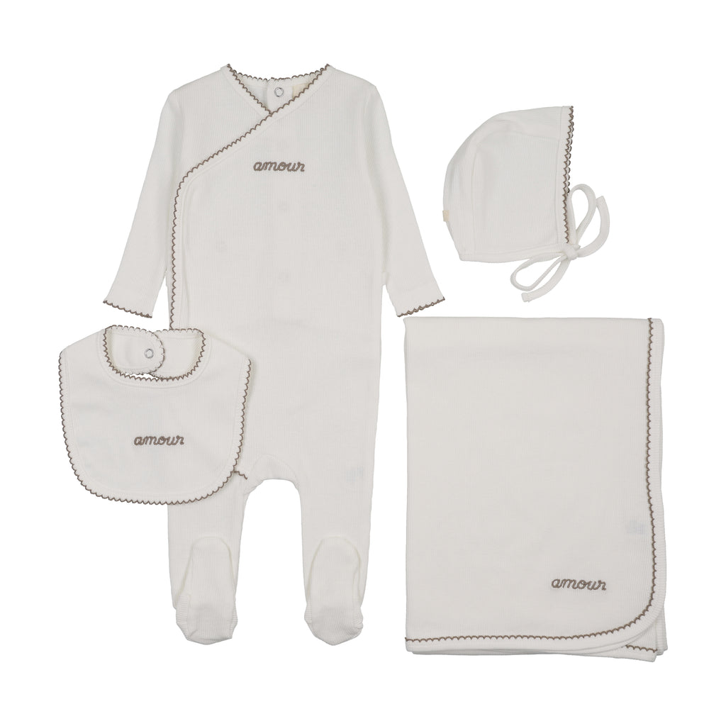 Mema Knits Amour Embroidered Four Piece Layette Set (Includes Bib) - Winter White/Taupe Embroidery
