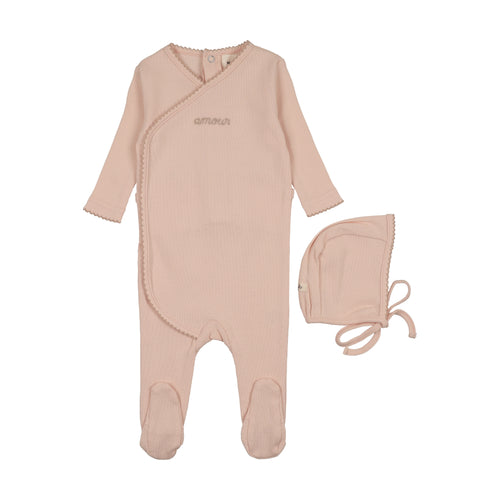 Mema Knits Amour Embroidered Footie And Bonnet - Rose/Pale Pink Embroidery