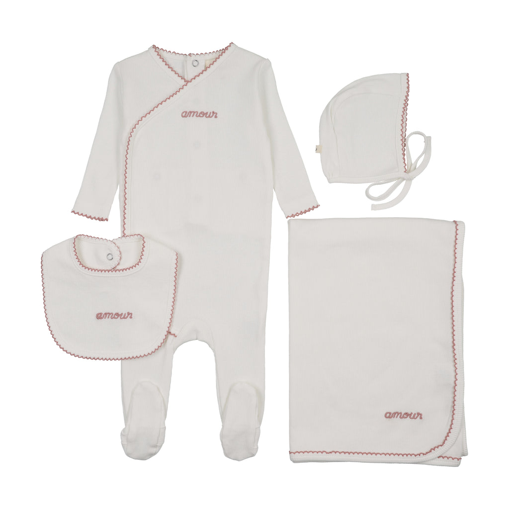 Mema Knits Amour Embroidered Four Piece Layette Set (Includes Bib) - Winter White/Mauve Embroidery