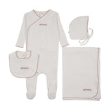 Mema Knits Amour Embroidered Four Piece Layette Set (Includes Bib) - Winter White/Mauve Embroidery