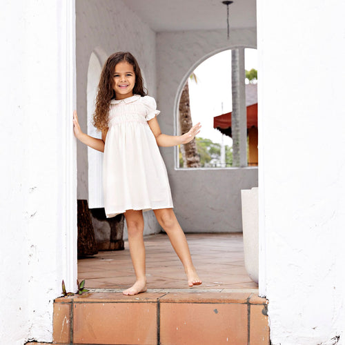 Retro Kid Halston Smocked Short Sleeve Dress - Cream/Pink