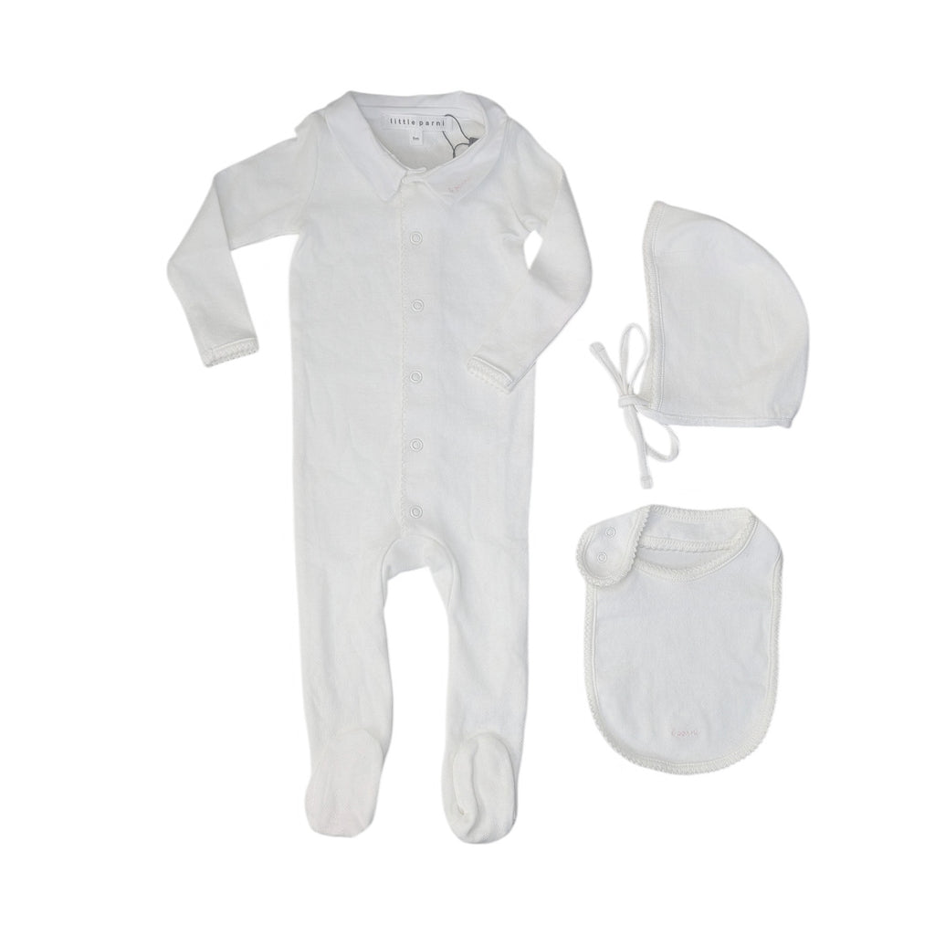 Little Parni Pointelle Footie, Bonnet And Bib (K656) - White/Pink