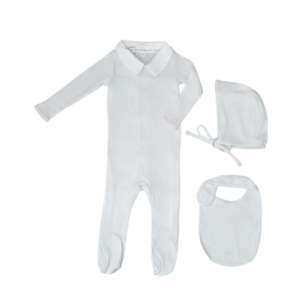 Little Parni Pointelle Footie, Bonnet And Bib (K656) - Light Blue