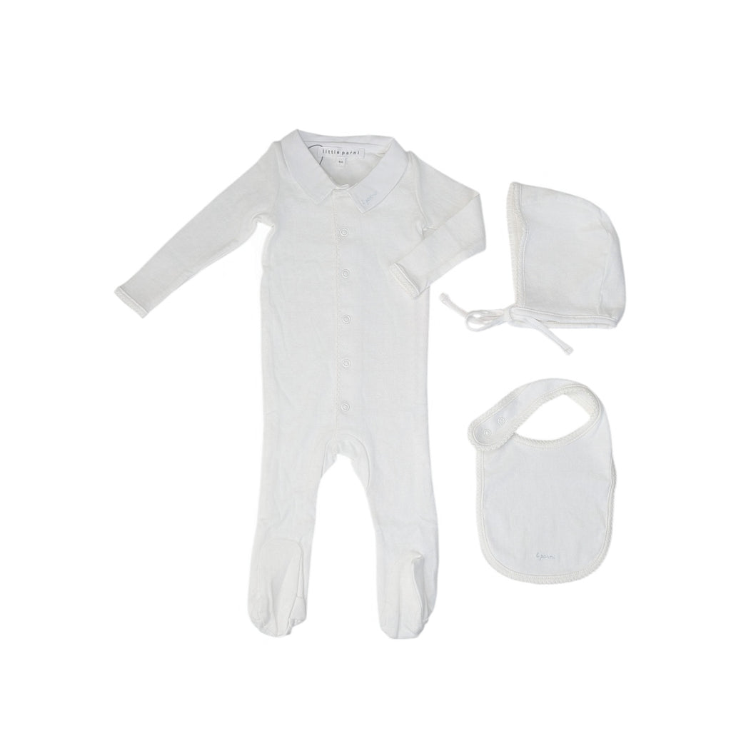 Little Parni Pointelle Footie, Bonnet And Bib (K656) - White/Light Blue