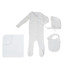 Load image into Gallery viewer, Little Parni Pointelle Footie, Bonnet, Bib &amp; Blanket (K656+K657) - White/Blue