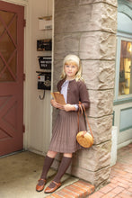 Load image into Gallery viewer, NouNelle Brown Scallop Cardigan, Pinstripe Shirt And Pleated Skirt Set