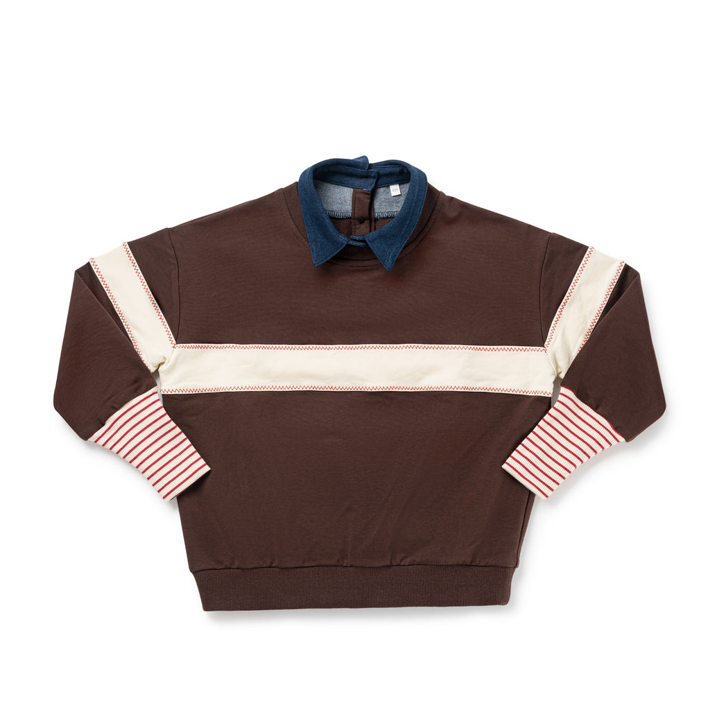 Birnham On The Sea Ribbed Sleeve Collar Sweatshirt - Brown/Cream