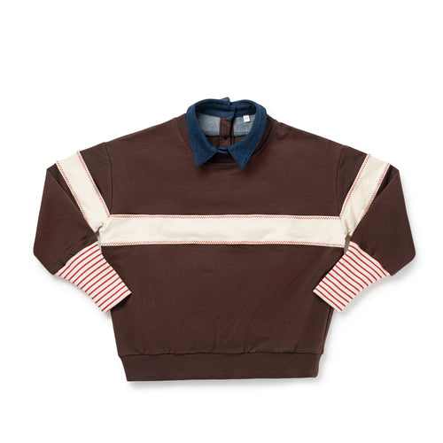 Birnham On The Sea Ribbed Sleeve Collar Sweatshirt - Brown/Cream