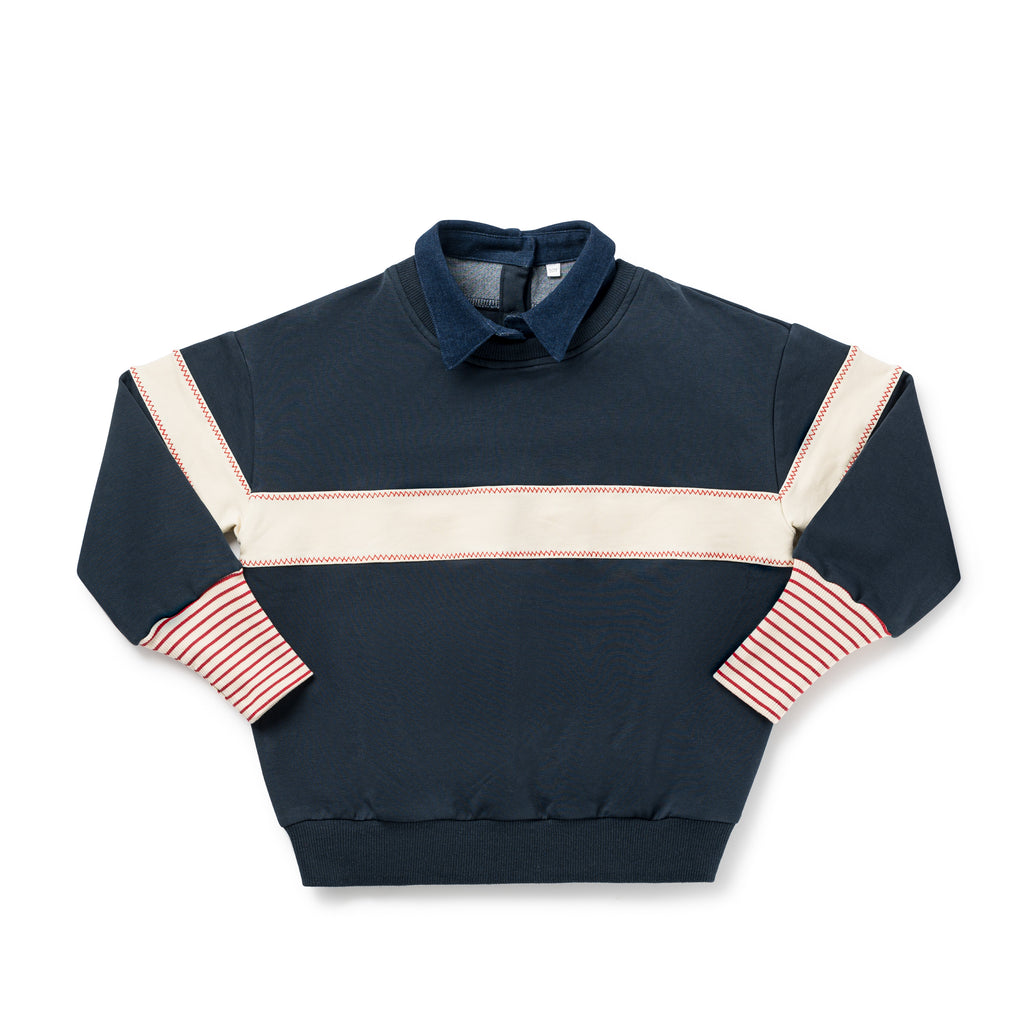 Birnham On The Sea Ribbed Sleeve Collar Sweatshirt - Navy/Cream