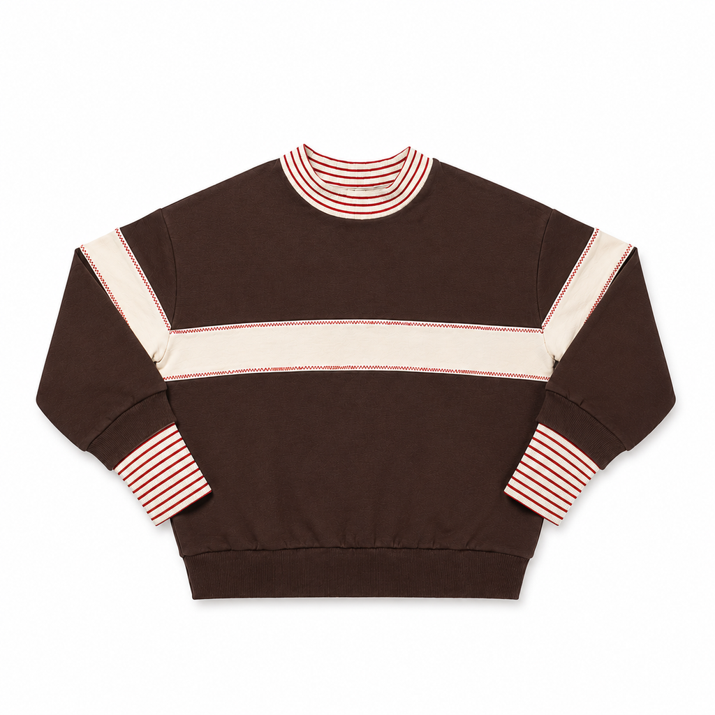 Birnham On The Sea Ribbed Sleeve Mockneck Sweatshirt - Brown/Cream