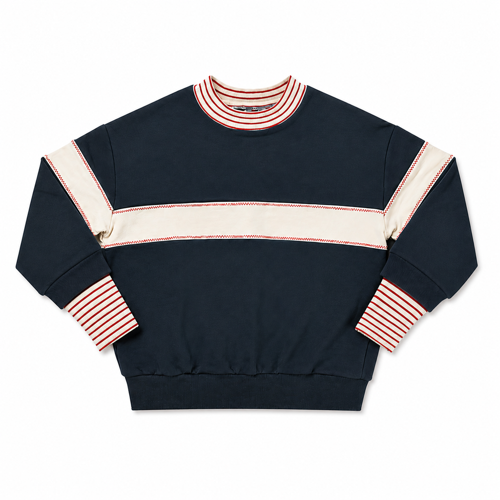 Birnham On The Sea Ribbed Sleeve Mockneck Sweatshirt - Navy/Cream