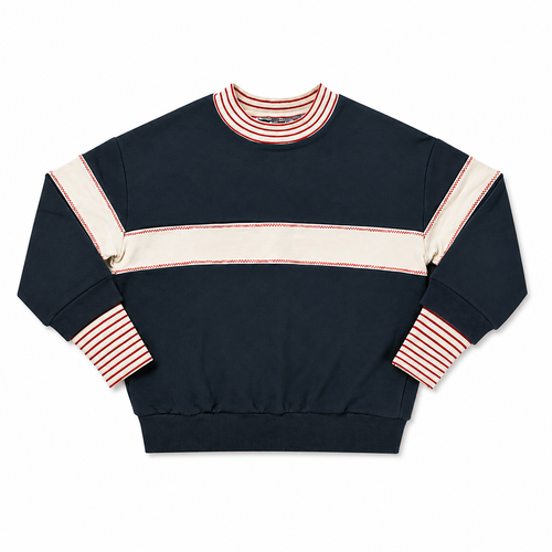 Birnham On The Sea Ribbed Sleeve Mockneck Sweatshirt - Navy/Cream