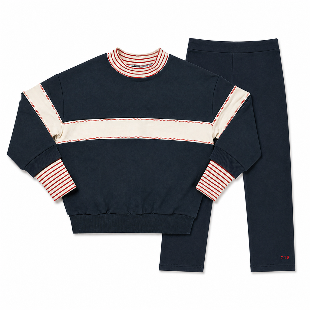 Birnham On The Sea Ribbed Sleeve Mockneck Sweatshirt Set - Navy/Cream