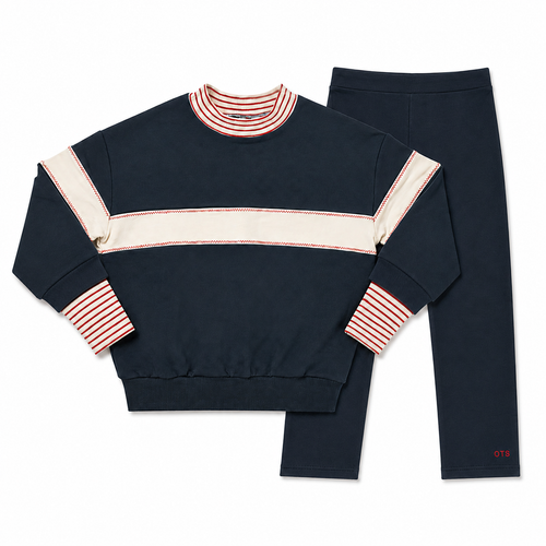Birnham On The Sea Ribbed Sleeve Mockneck Sweatshirt Set - Navy/Cream