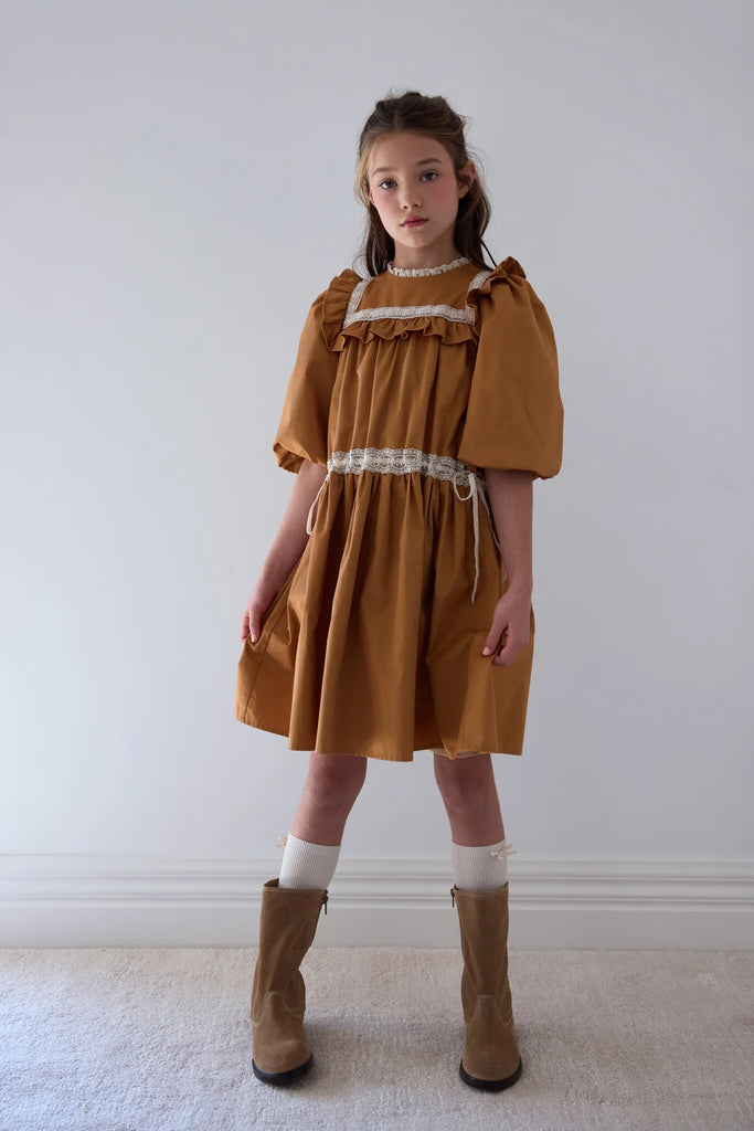 Petite Amalie Poplin Ribbon Lace Dress - Caramel/Ivory