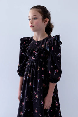 Petite Amalie Black Ditsy Ruffle Yoke Cord Dress