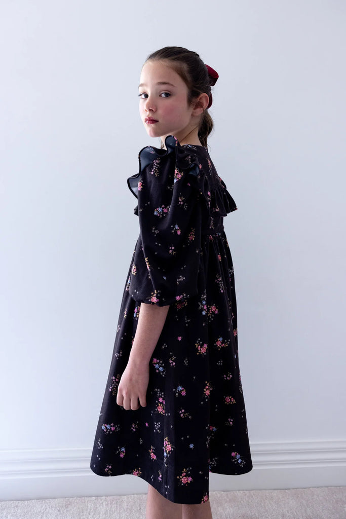 Petite Amalie Black Ditsy Ruffle Yoke Cord Dress
