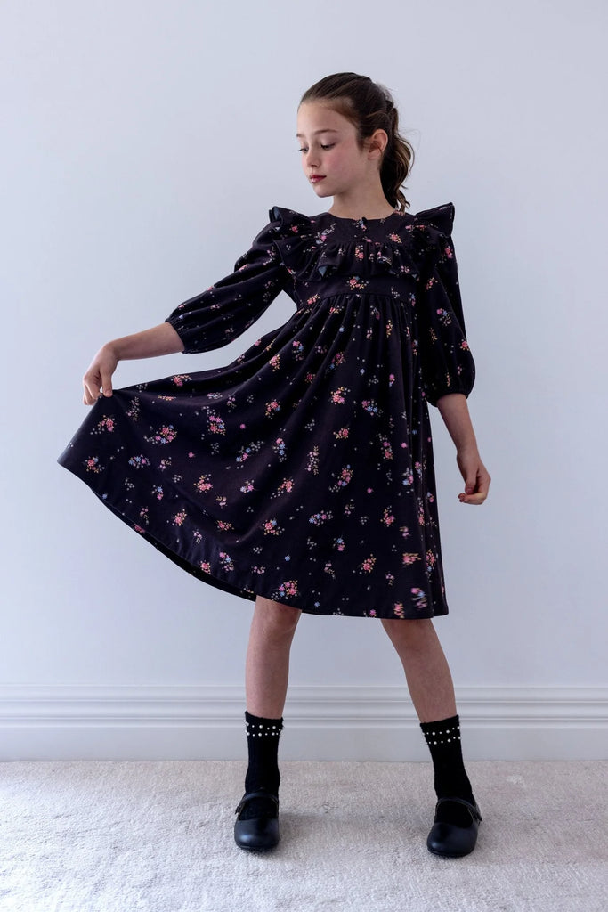 Petite Amalie Black Ditsy Ruffle Yoke Cord Dress