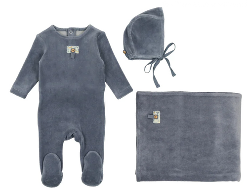 Bee & Dee Button Applique Velour Set-Storm Blue