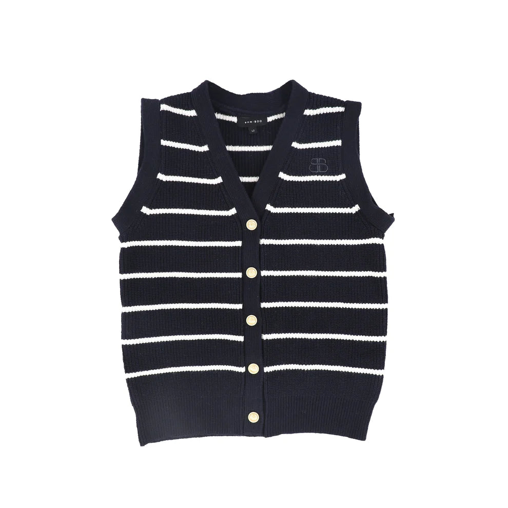 Bamboo Stripe Knit Button Down Vest - Navy