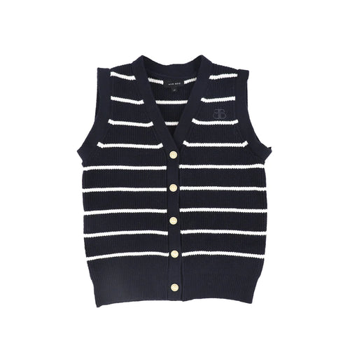 Bamboo Stripe Knit Button Down Vest - Navy