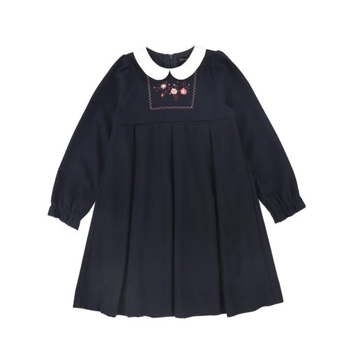 Bamboo Wool Embroidered Dress - Navy