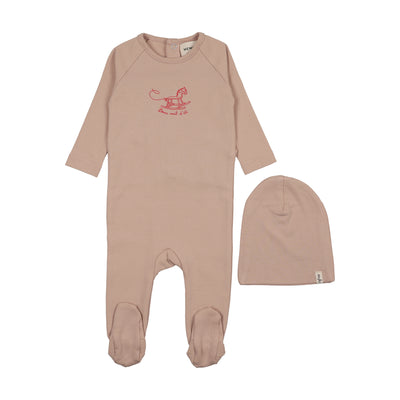 Mema Knits Horse Rocker Footie And Beanie - Pale Pink
