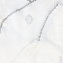 Load image into Gallery viewer, Bebe Jolee Medallion Wrap Footie And Hat - White/Blue