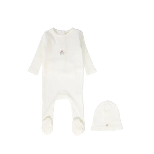 Bebe Jolee Outline Embroidered Footie And Hat - Ivory