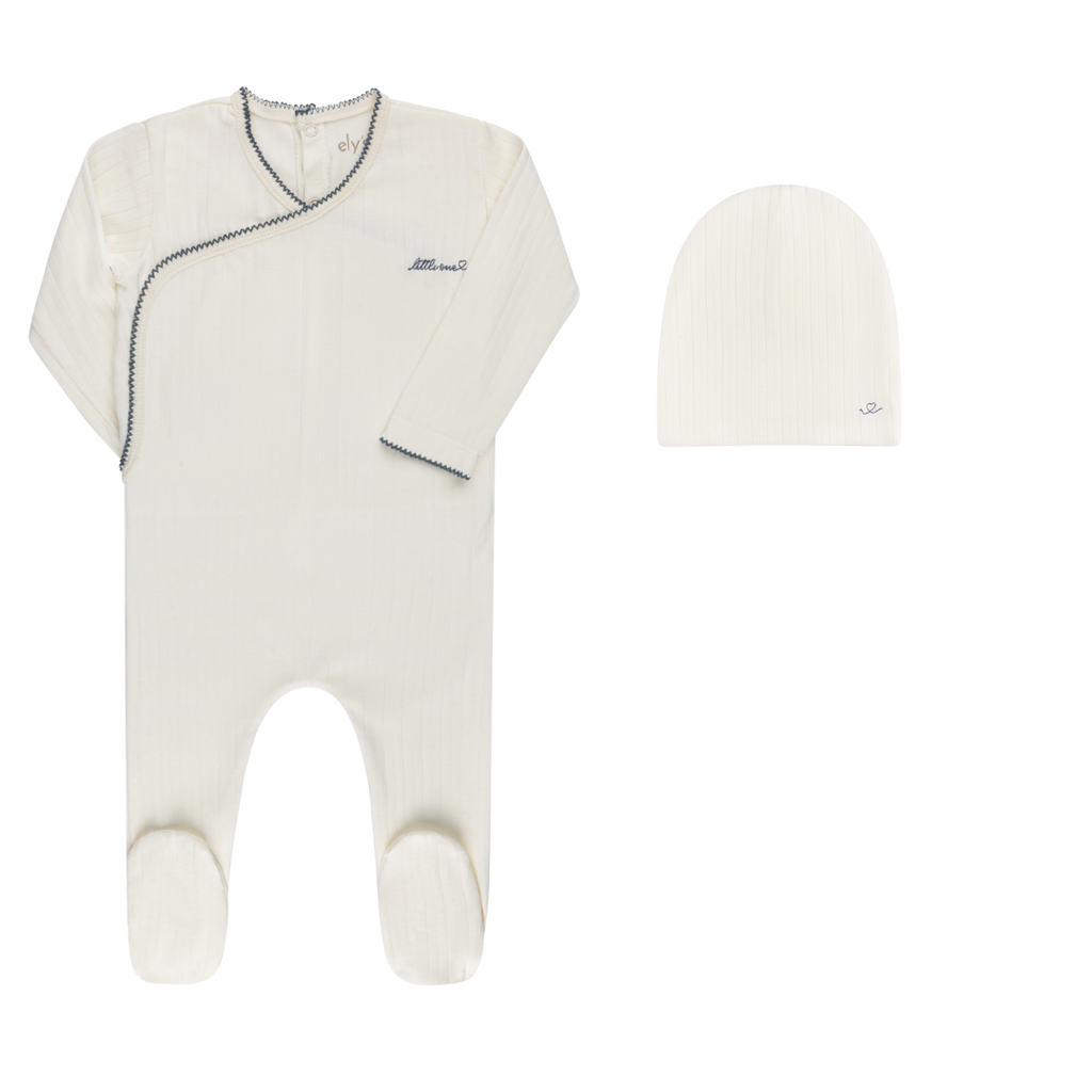 Ely's & Co Organic Cotton Little One Footie & Beanie - Ivory/Blue