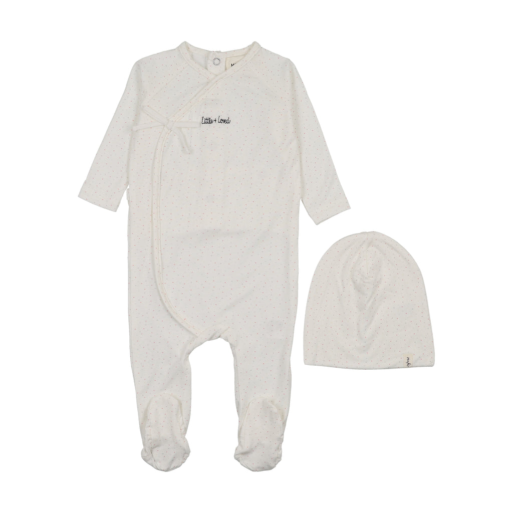 Mema Knits Mock Wrap Polka Dot Footie And Beanie - White