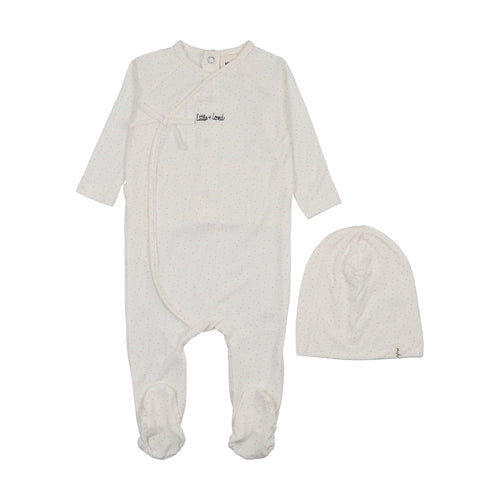 Mema Knits Mock Wrap Polka Dot Footie And Beanie - White