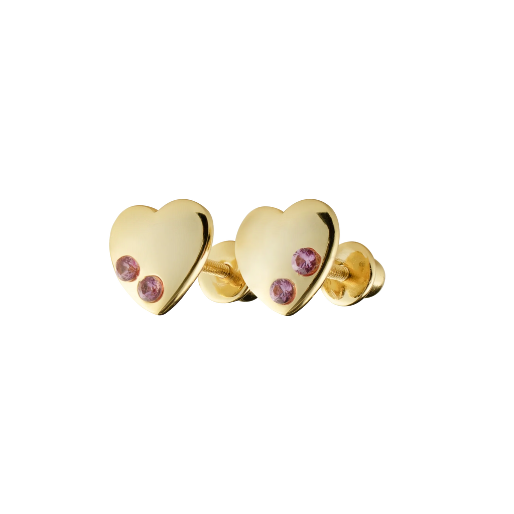 Picky Baby Gold Heart Earrings with Pink Stones